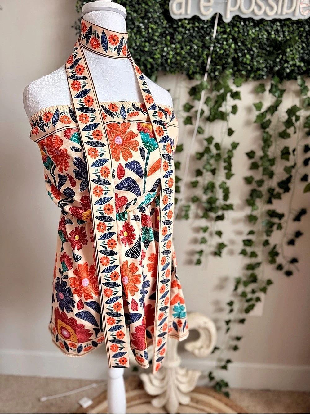 Shein Floral Romper in Cream & Red Size Medium